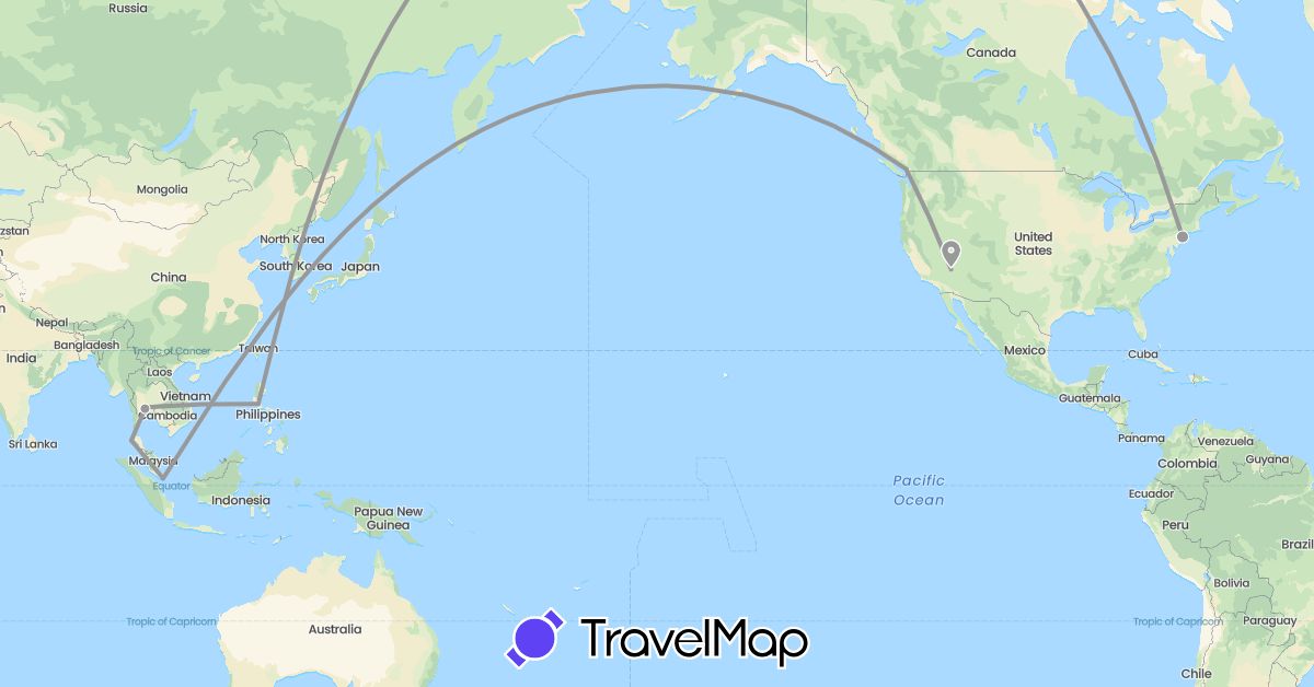 TravelMap itinerary: driving, plane in Canada, Philippines, Singapore, Thailand, United States (Asia, North America)