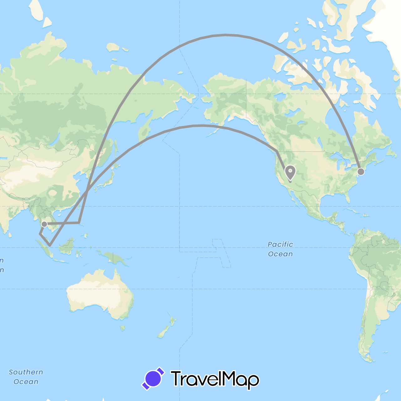 TravelMap itinerary: driving, plane in Canada, Philippines, Singapore, Thailand, United States (Asia, North America)