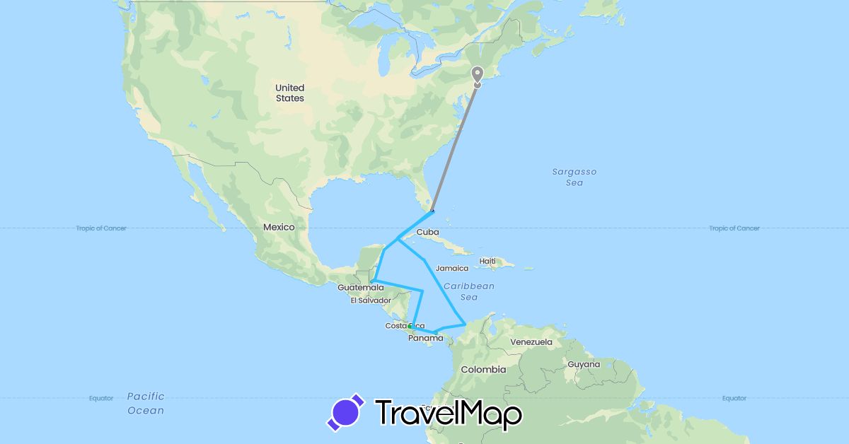 TravelMap itinerary: driving, bus, plane, hiking, boat in Belize, Costa Rica, Cayman Islands, Mexico, Panama, United States (North America)