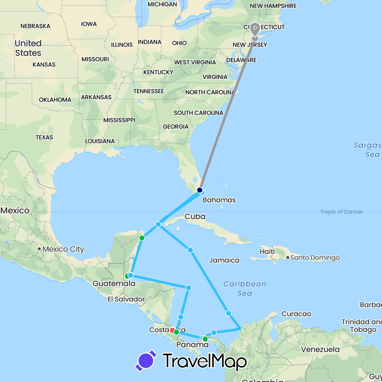 TravelMap itinerary: driving, bus, plane, hiking, boat in Belize, Costa Rica, Cayman Islands, Mexico, Panama, United States (North America)