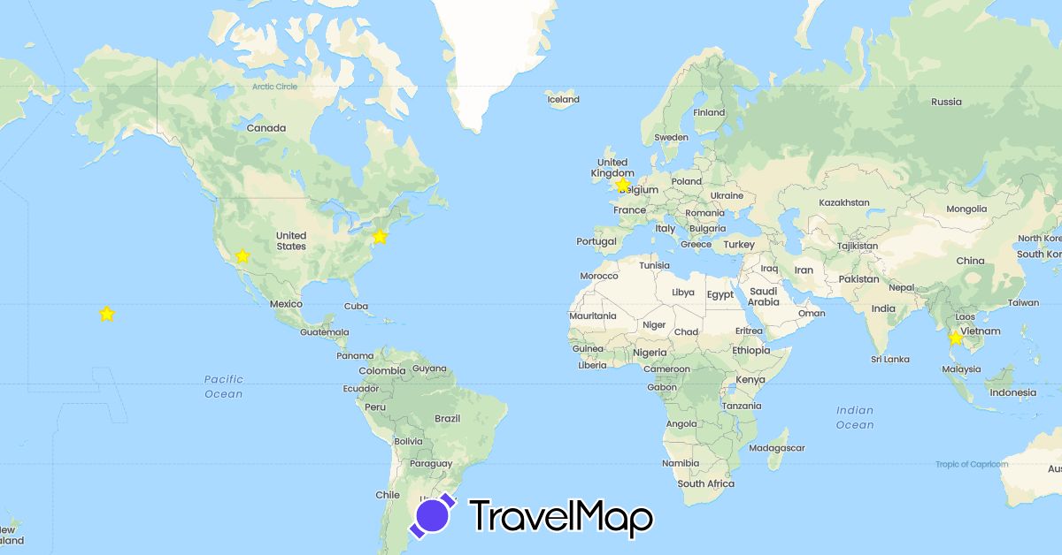 TravelMap itinerary: driving in United Kingdom, Thailand, United States (Asia, Europe, North America)