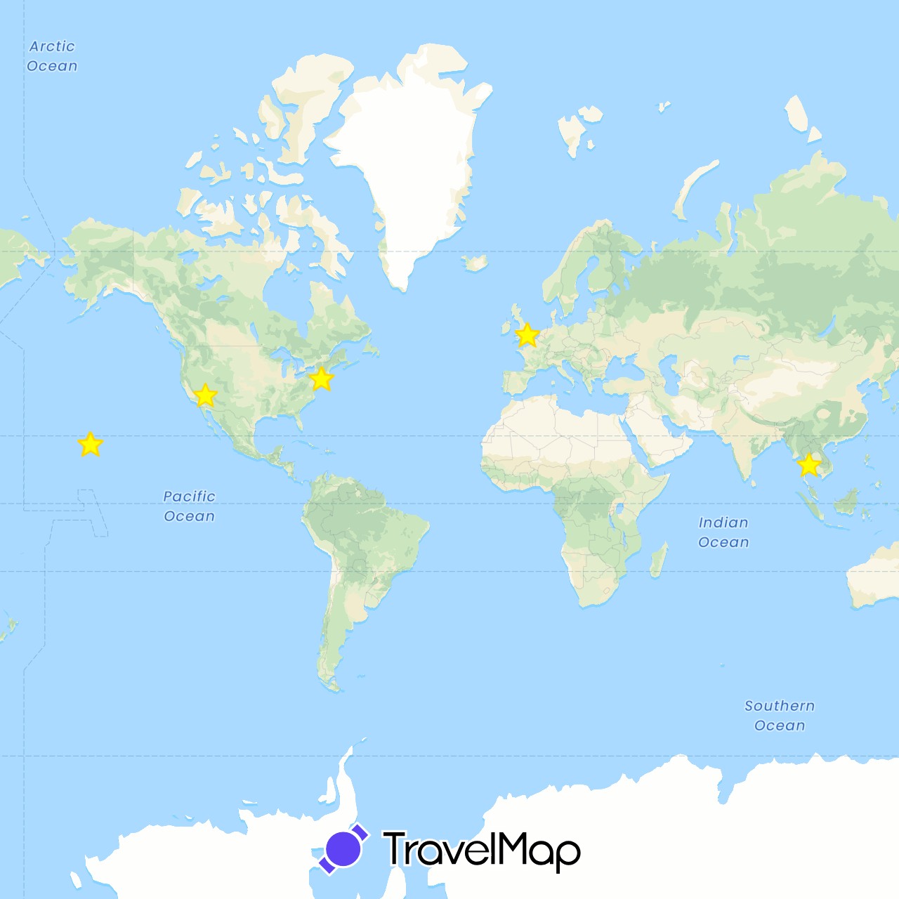 TravelMap itinerary: driving in United Kingdom, Thailand, United States (Asia, Europe, North America)