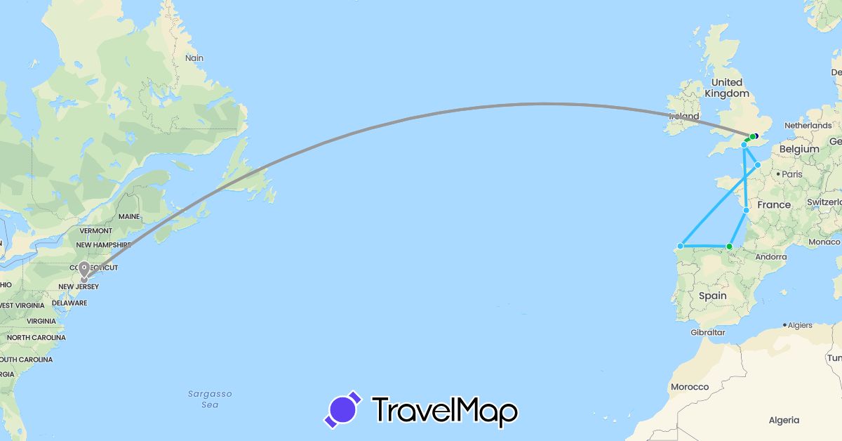 TravelMap itinerary: driving, bus, plane, hiking, boat in Spain, France, United Kingdom, United States (Europe, North America)