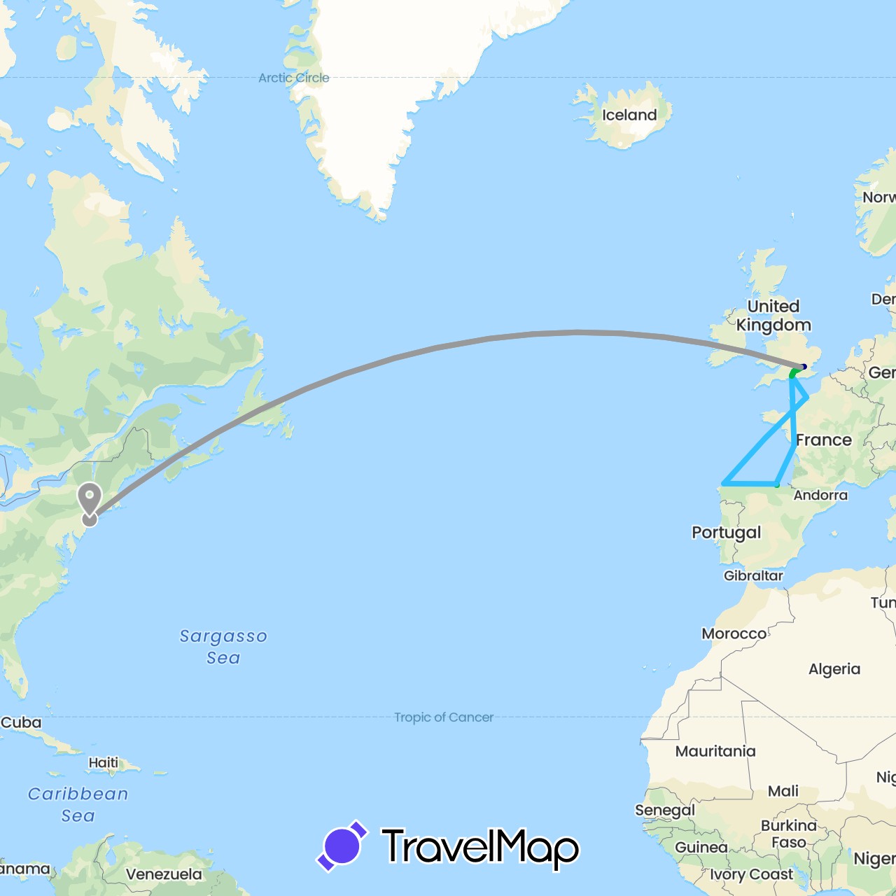 TravelMap itinerary: driving, bus, plane, hiking, boat in Spain, France, United Kingdom, United States (Europe, North America)