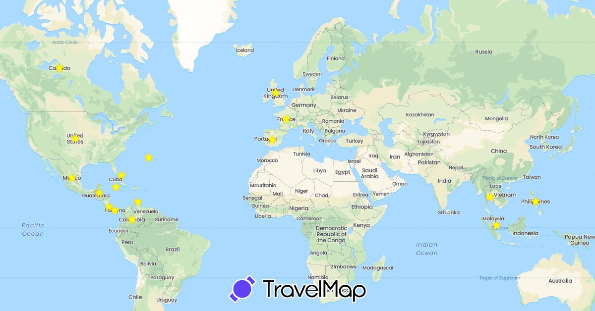 TravelMap itinerary: driving in Bermuda, Bahamas, Belize, Canada, Colombia, Costa Rica, Spain, France, United Kingdom, Mexico, Netherlands, Panama, Singapore, Thailand (Asia, Europe, North America, South America)