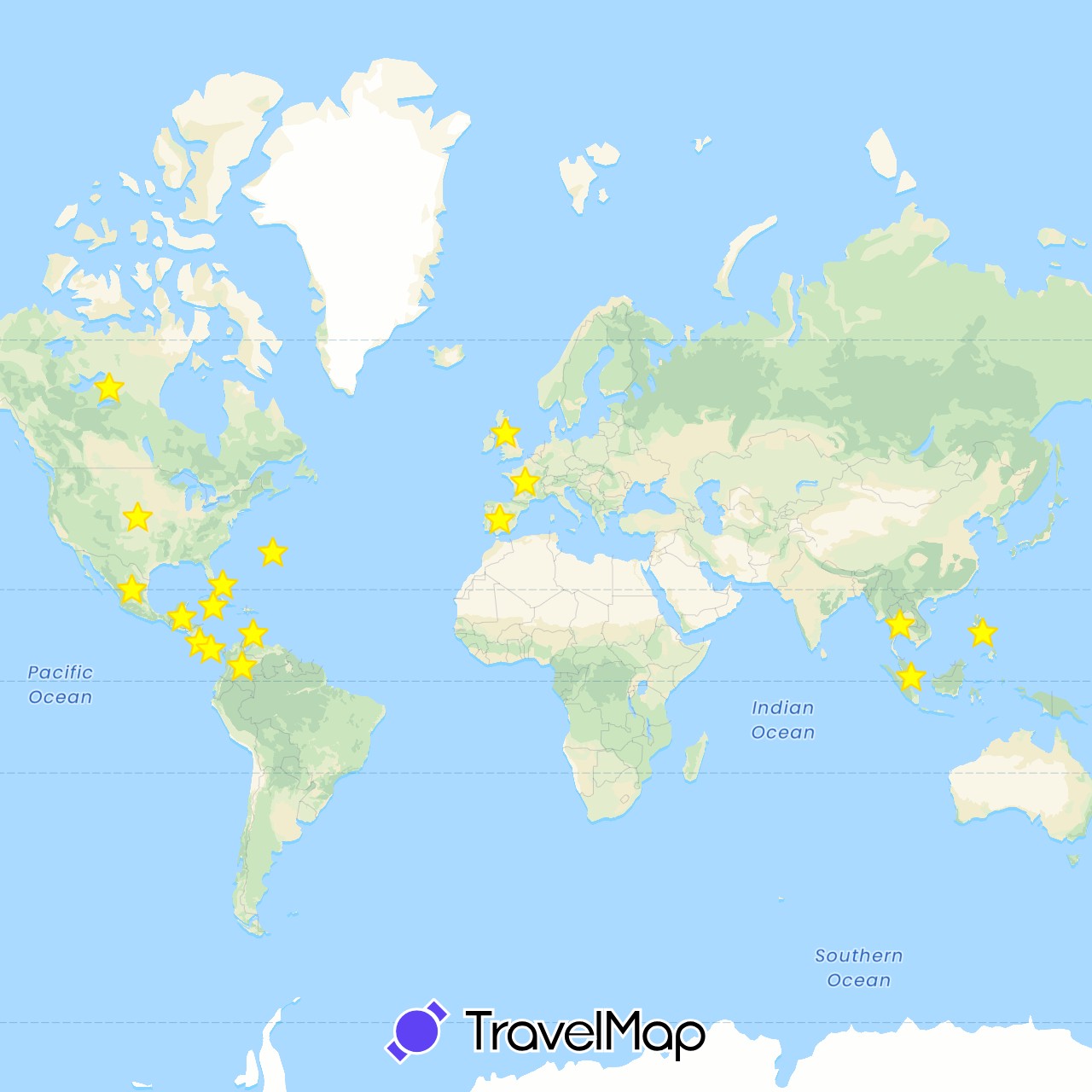 TravelMap itinerary: driving in Bermuda, Bahamas, Belize, Canada, Colombia, Costa Rica, Spain, France, United Kingdom, Mexico, Netherlands, Panama, Singapore, Thailand (Asia, Europe, North America, South America)