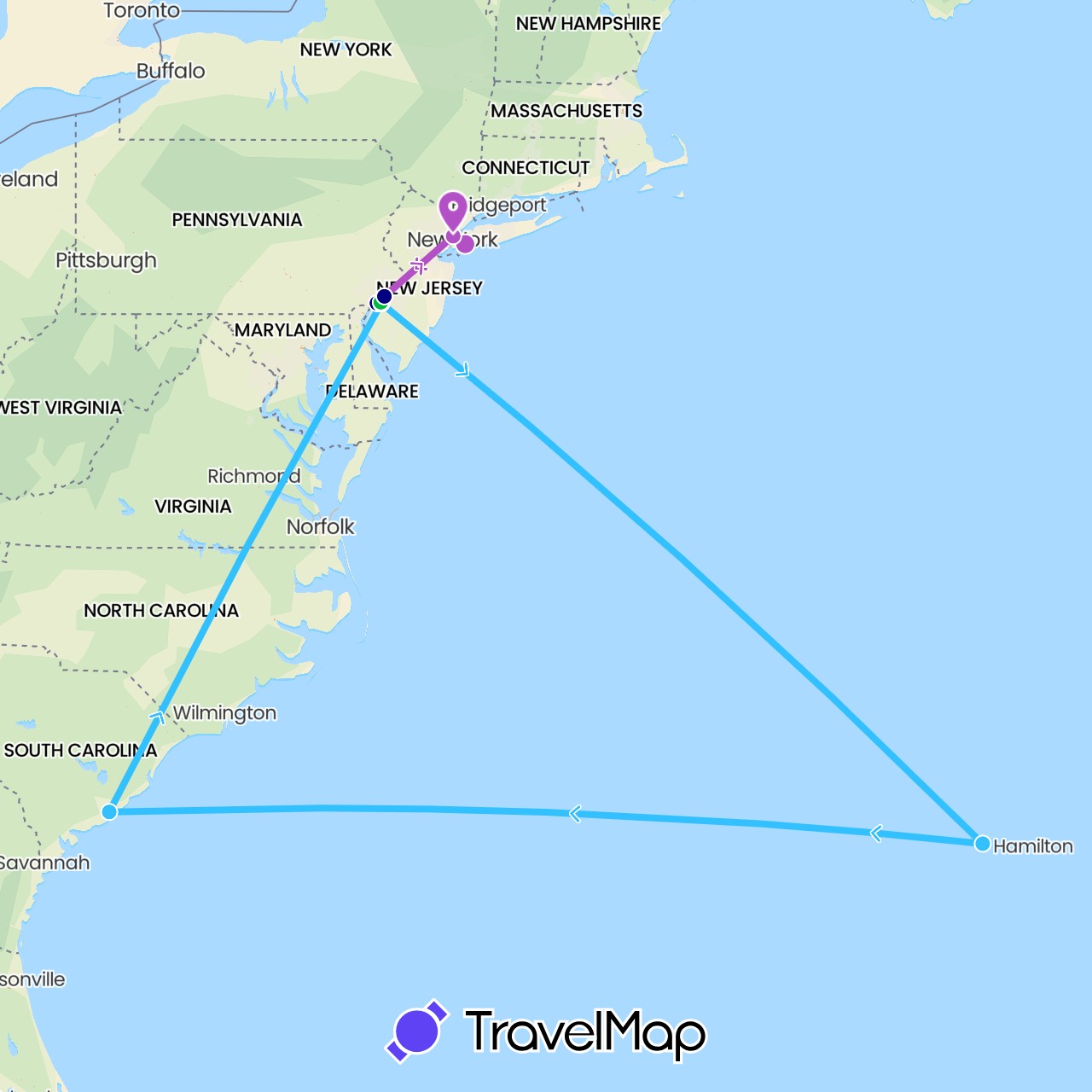 TravelMap itinerary: driving, bus, train, boat in Bermuda, United States (North America)